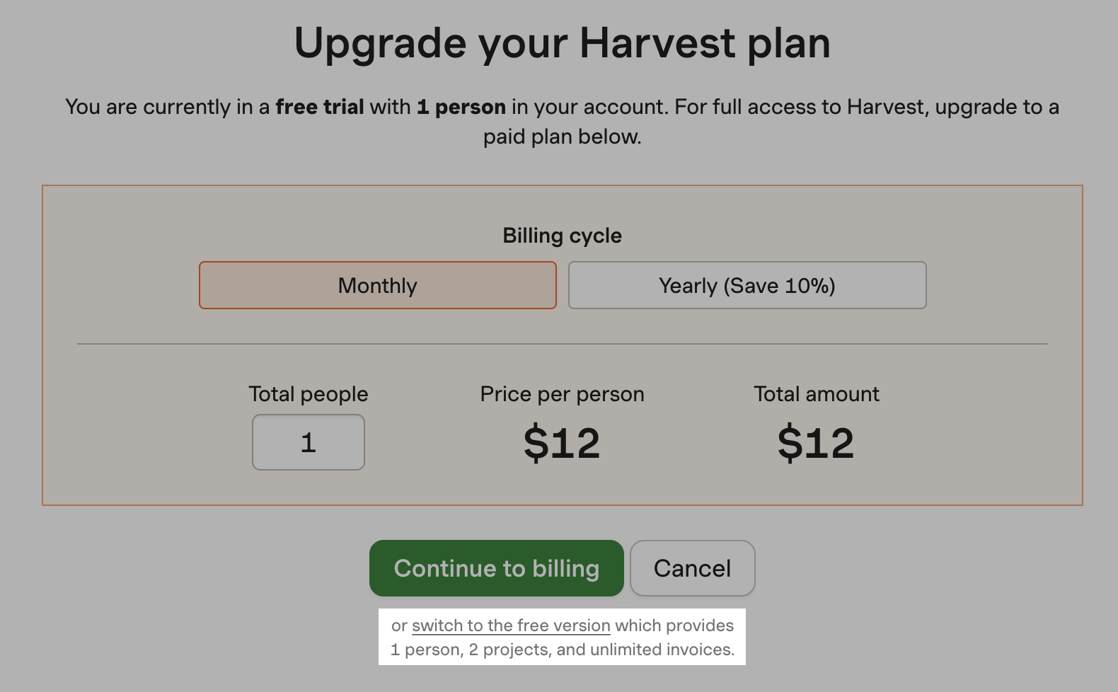 Screenshot of the upgrade screen, with a link to switch to the free plan at the bottom
