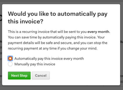 Screenshot of form asking client whether they'd like to automatically pay a recurring invoice