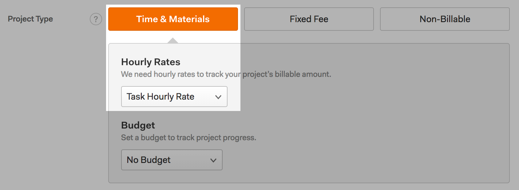 Screenshot of the New/Edit Project page for a Time & Materials project with the Task Hourly Rate billing method selected