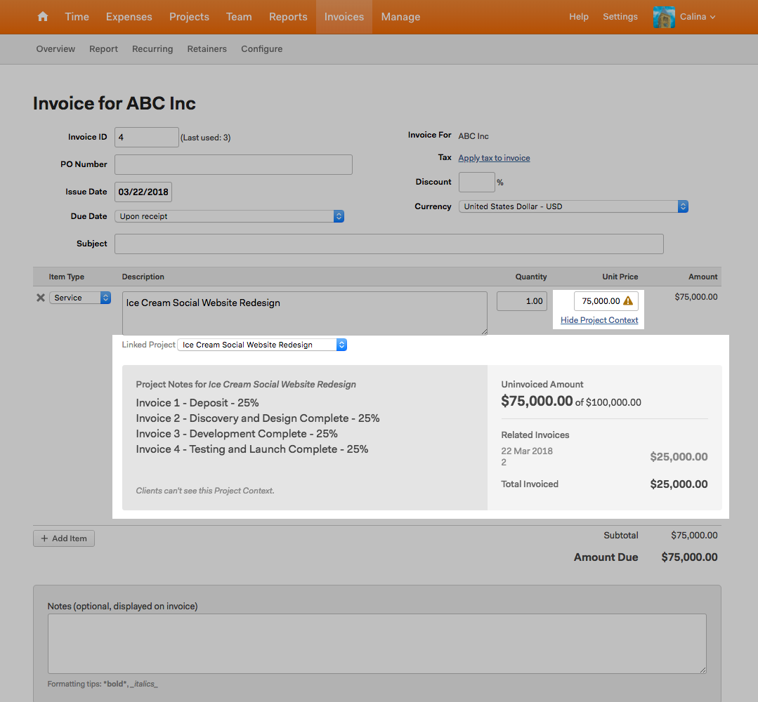 image of a Harvest invoice that shows project context in use