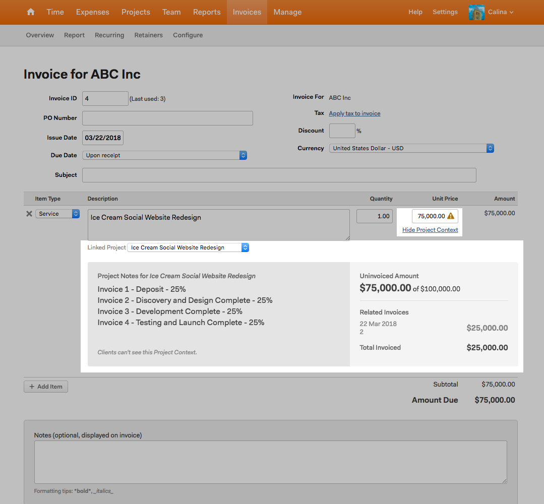 harvest app add variables to recurring invoices