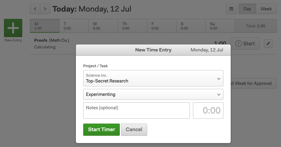 Screenshot of the time entry modal with a tracked time entry on the timesheet in the background